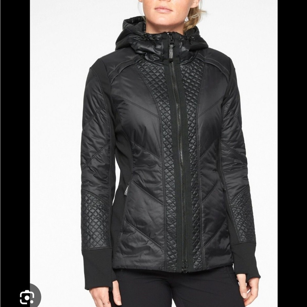 Athleta Black Ski & Snow Jacket with Quilted Texture and Hood